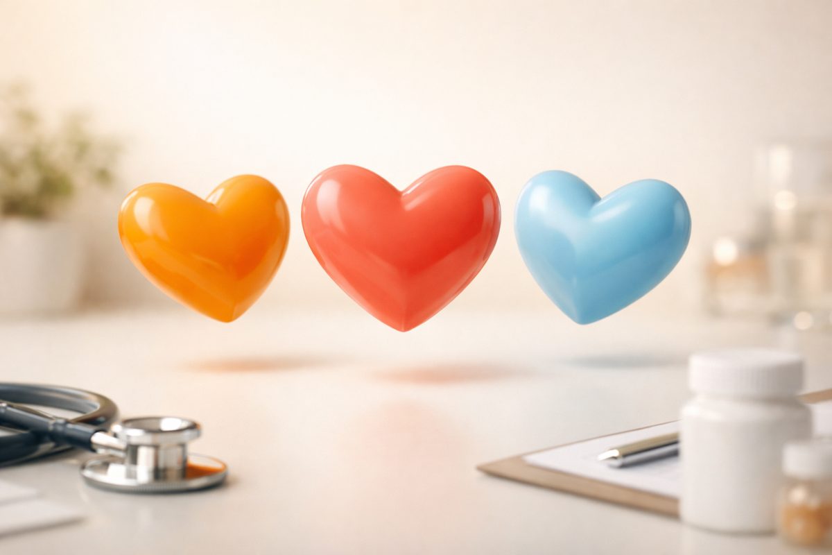 Minimalistische zorgvisual met kleurrijke harten