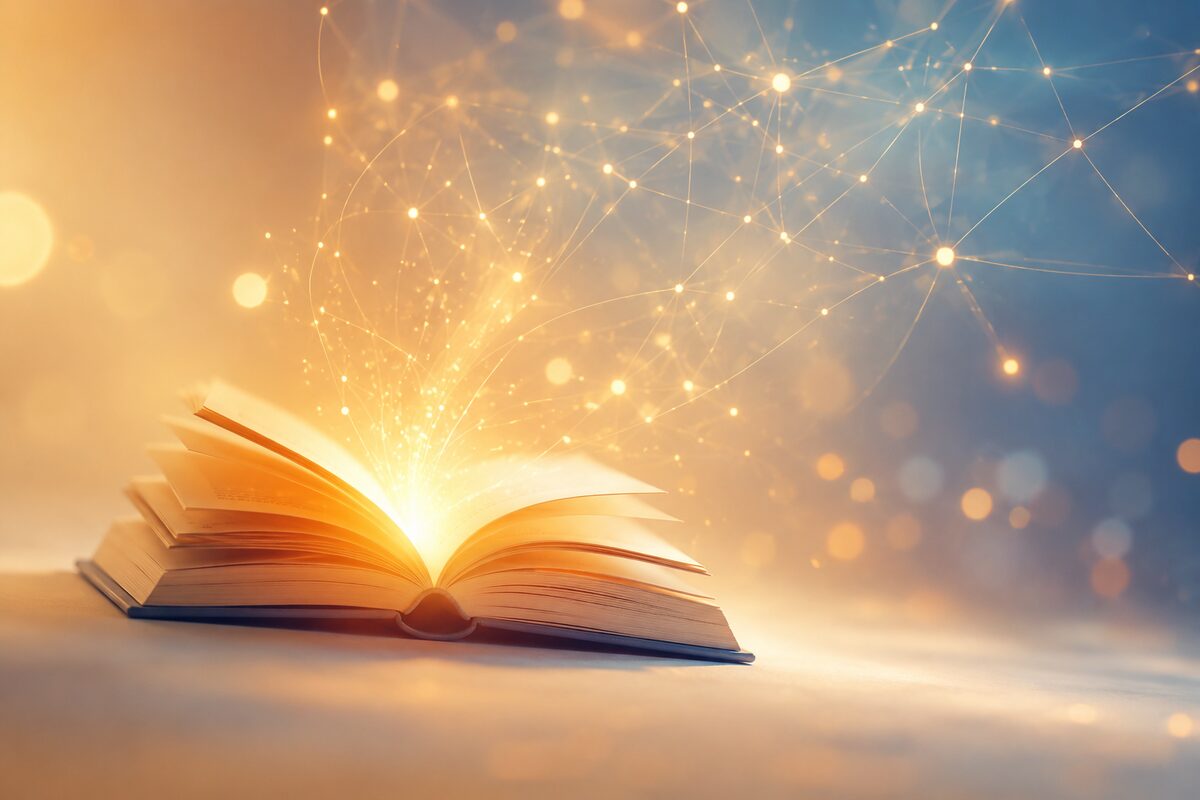 Open boek met gouden licht en oplichtende verbindingen die dagelijkse lezingen verbeelden